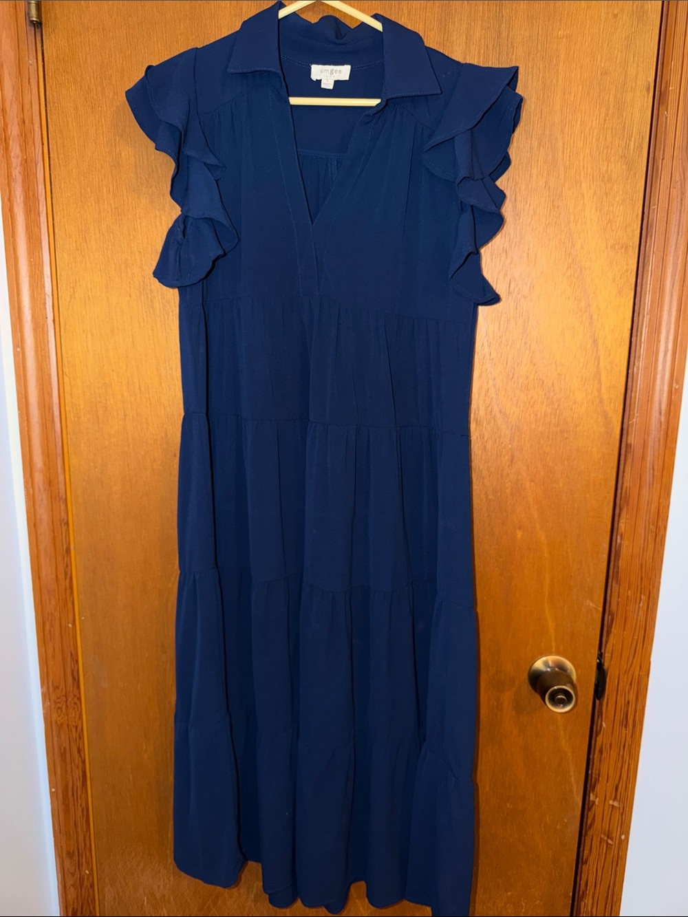Umgee Navy Tiered Maxi Dress with Ruffle Sleeves